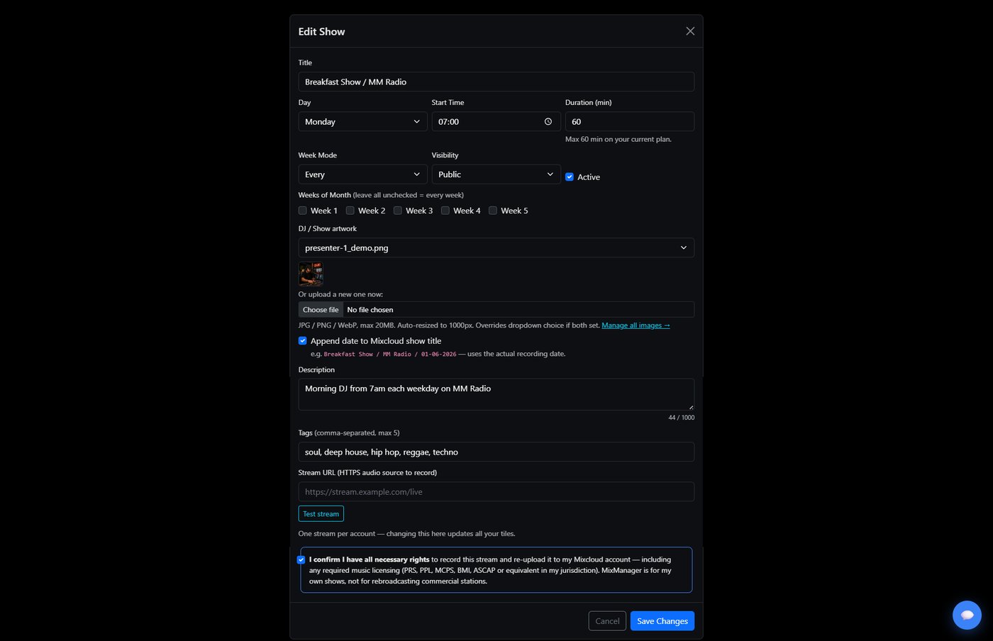 Show editor with all fields populated