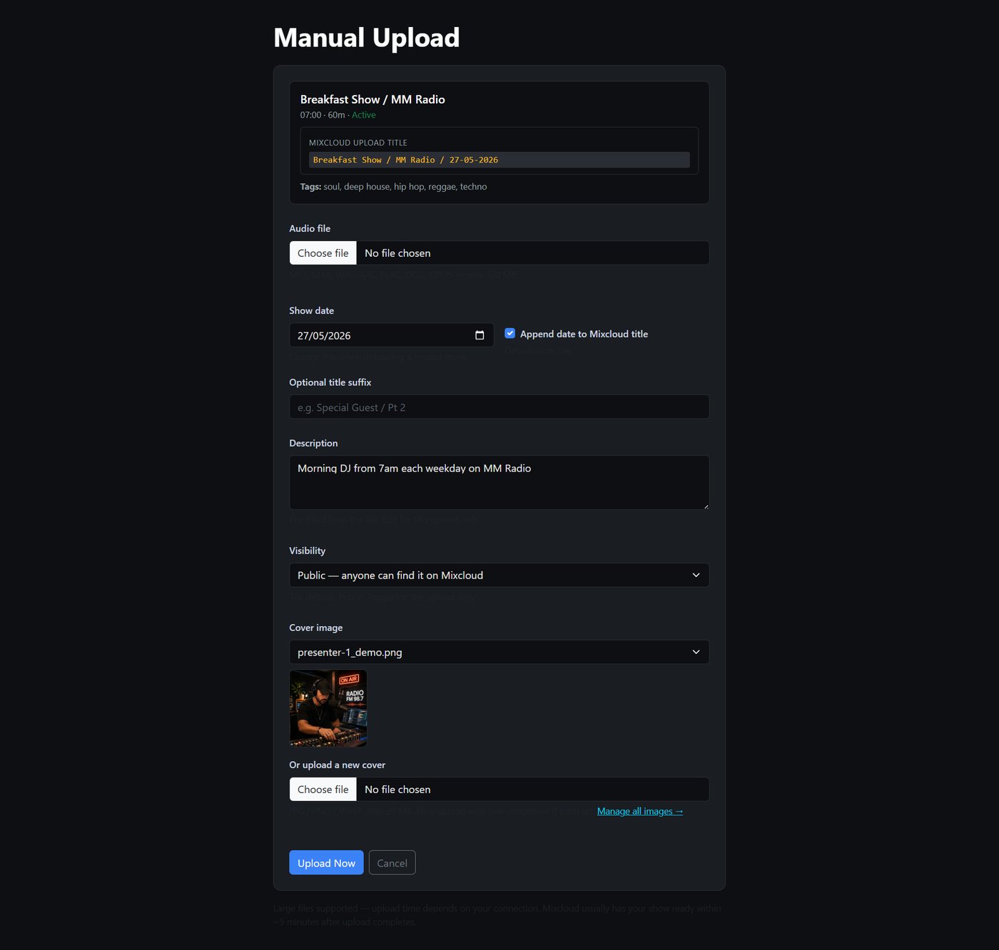 Manual Upload dialog