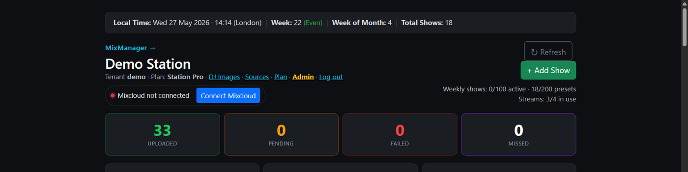 Mixcloud connect button on the dashboard