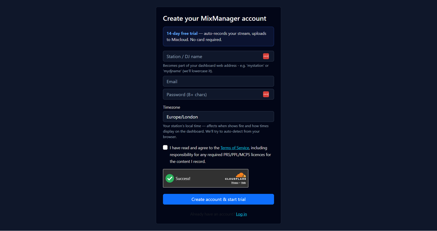 MixManager signup form